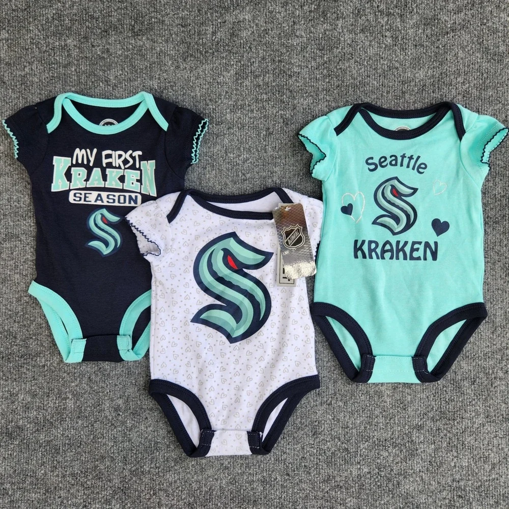 NHL‎ Seattle Kraken Baby Bodysuit 3-Pack Infant Creeper Set 0-3M NEW w/Tags
